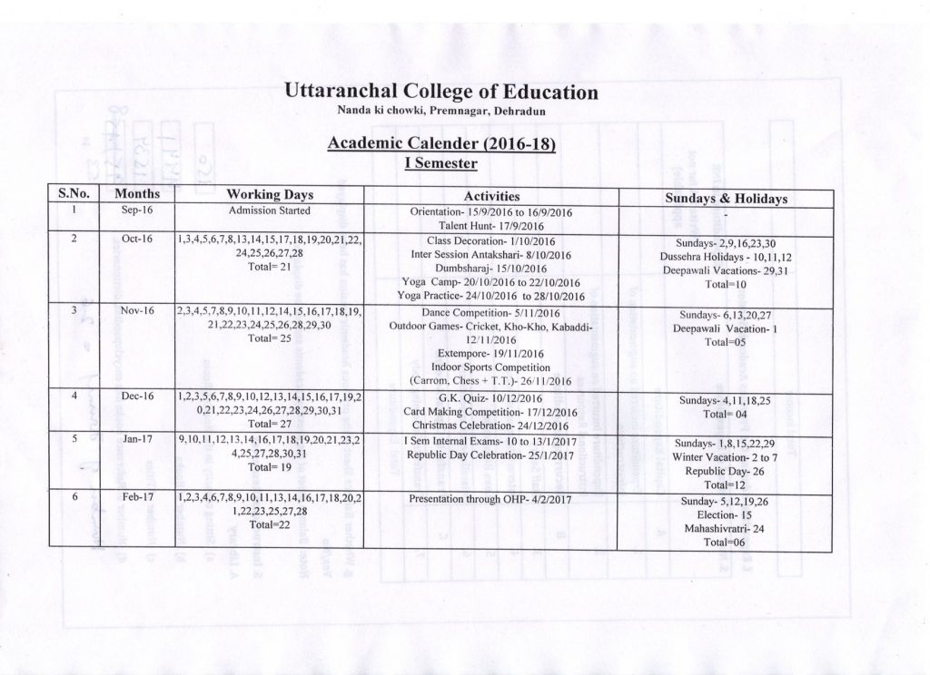 Academic Calendar - Uttaranchal College of Education